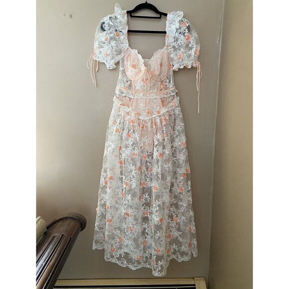 For Love and Lemons Tessa White Floral Appliqué Embroidered Midi Dress Sz M $369 - Picture 15 of 16